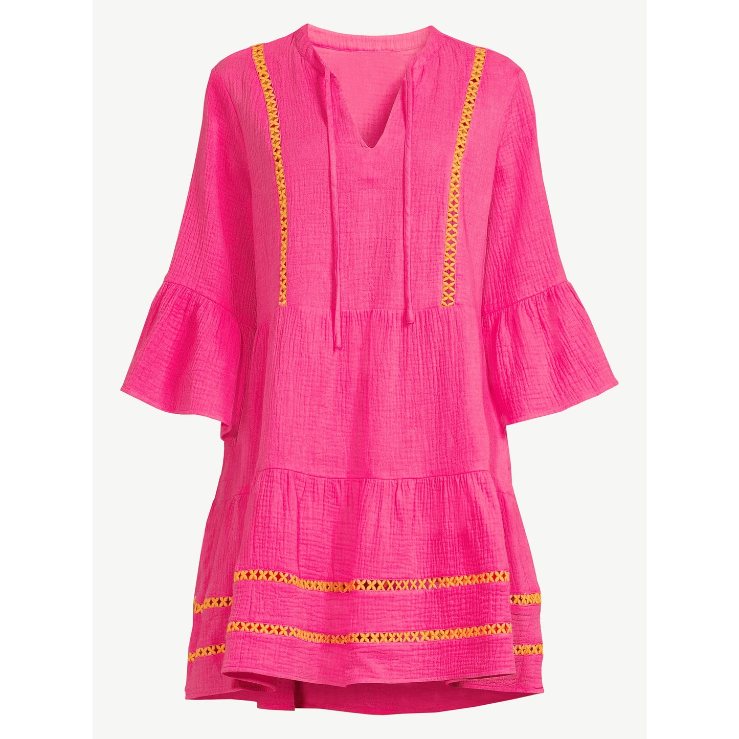 Scoop Womens Lace Trimmed Mini Dress with 3/4 Length Sleeves