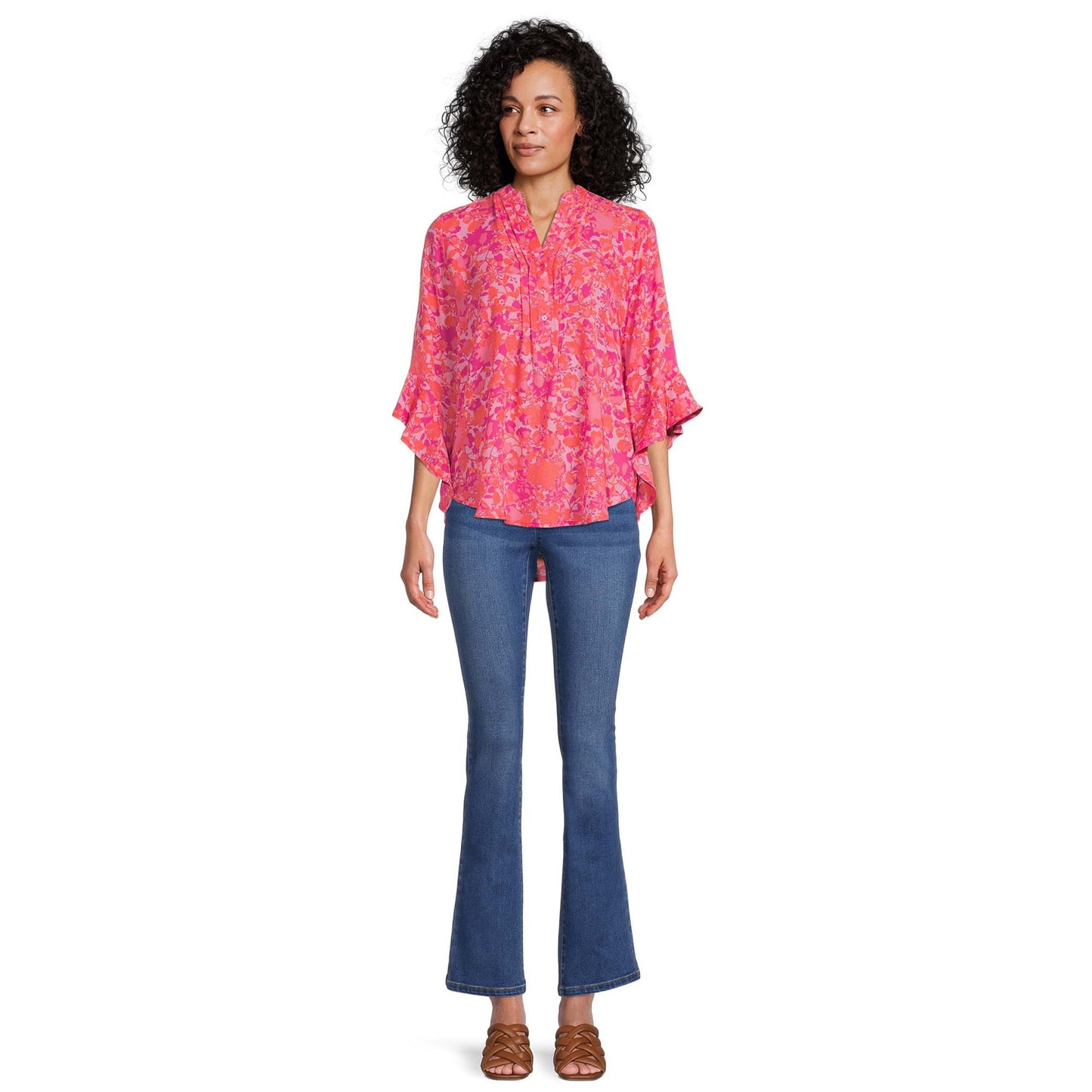 The Pioneer Woman Pleated Ruffle Sleeve Blouse, Womens