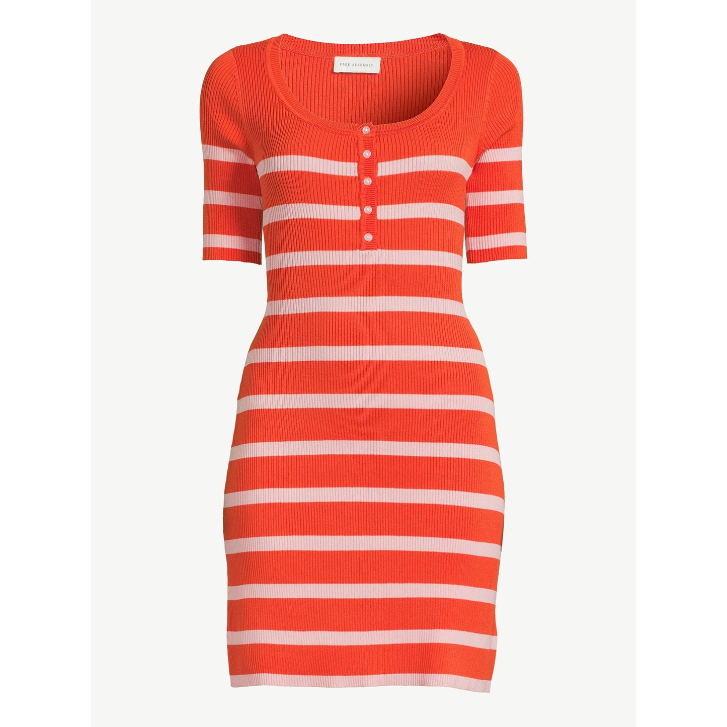 Free Assembly Womens Ribbed Henley Mini Dress with Short Sleeves,