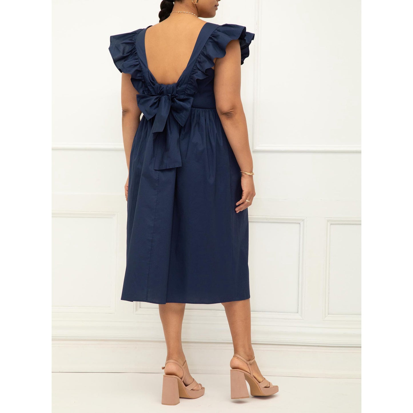 ELOQUII Elements Womens Plus Size Surplice Midi Dress with Ruffle Sleeves