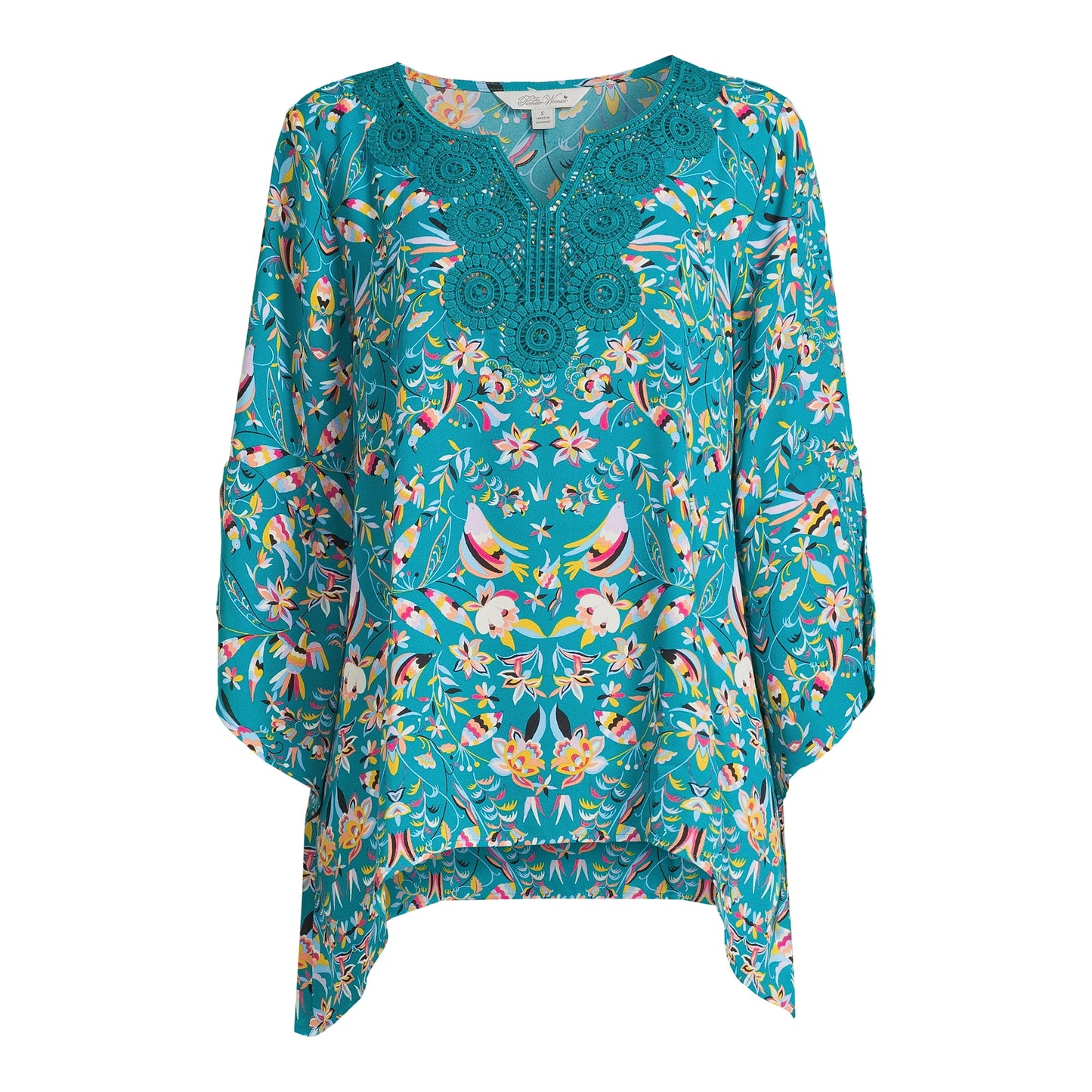 The Pioneer Woman Sharkbite Hem Embroidered Blouse with 3/4-Length Sleeves, Womens