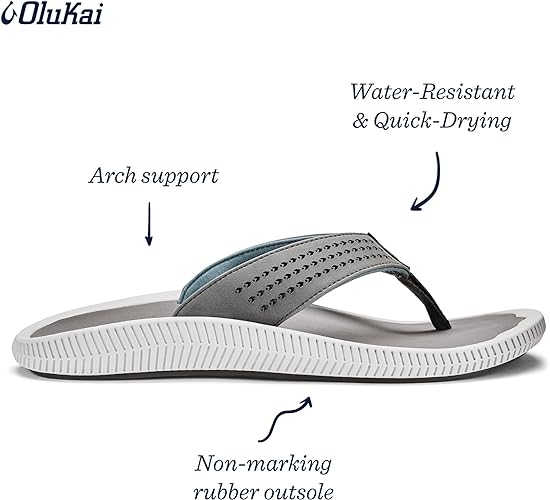 OluKai Ulele Men's Beach Sandals, Quick-Dry Flip-Flop Slides, Water Resistant Suede Lining & Wet Grip Soles, Soft Comfort Fit & Arch Support