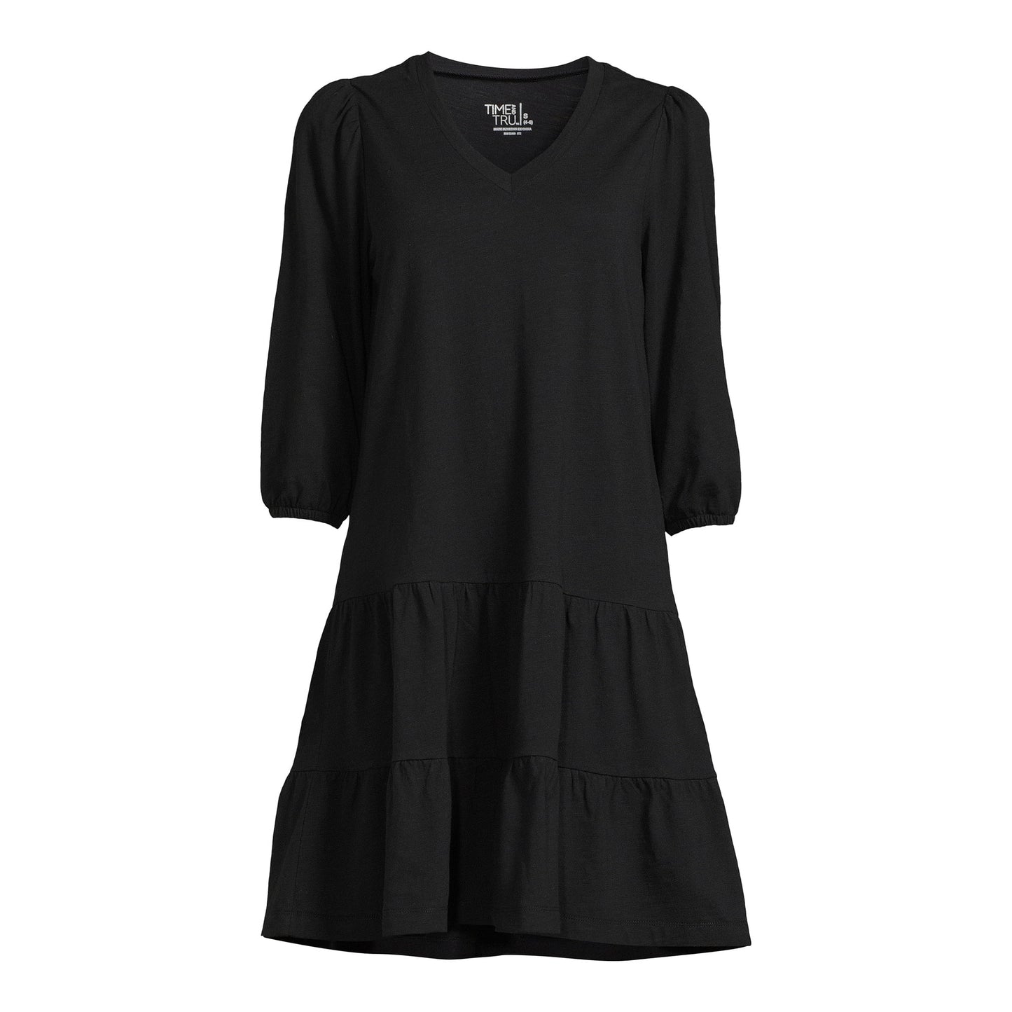 Time and Tru Womens Long Sleeve Slub V Neck Tiered Knit Dress