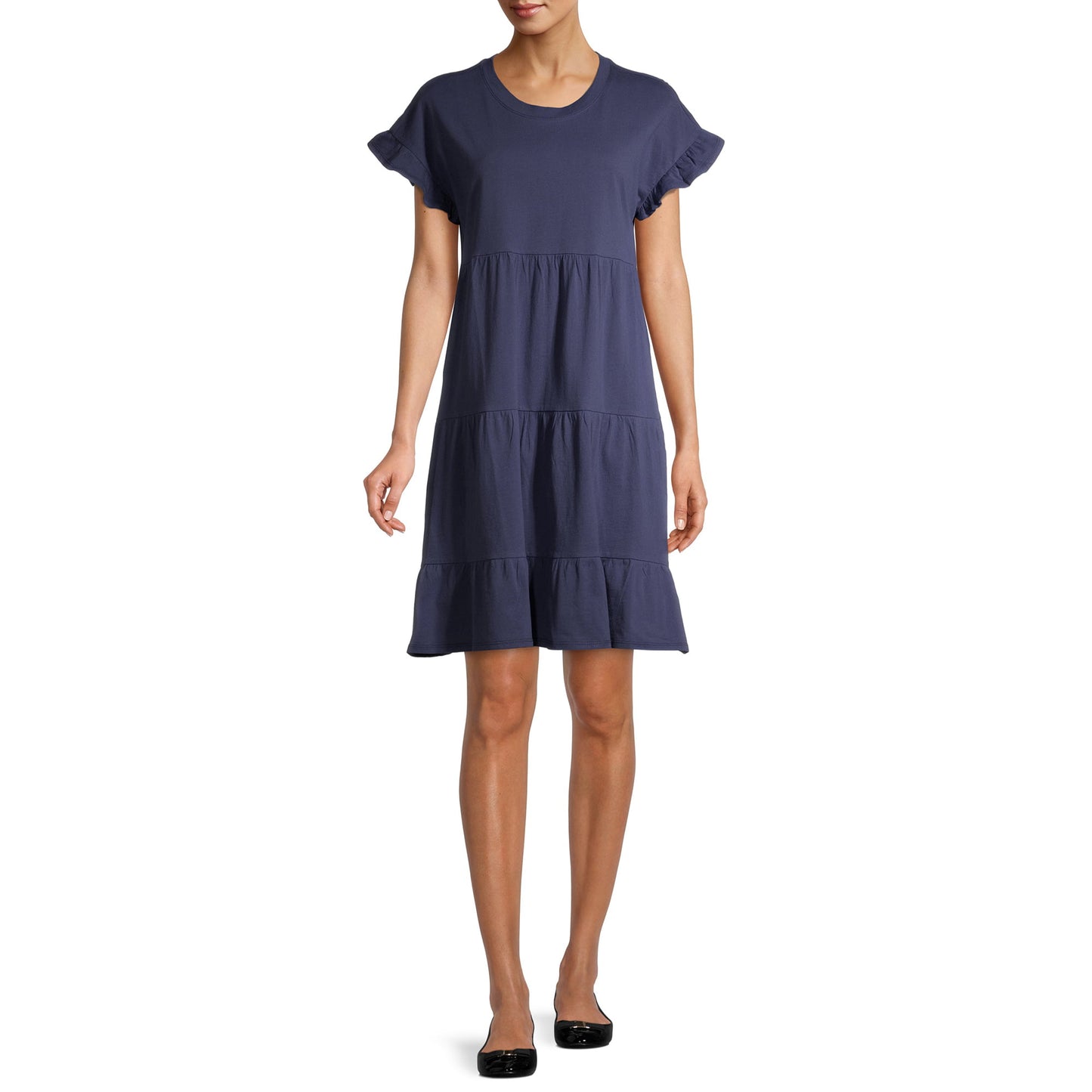 Time and Tru Womens Short Sleeve Tiered Knit Dress( with Pockets)