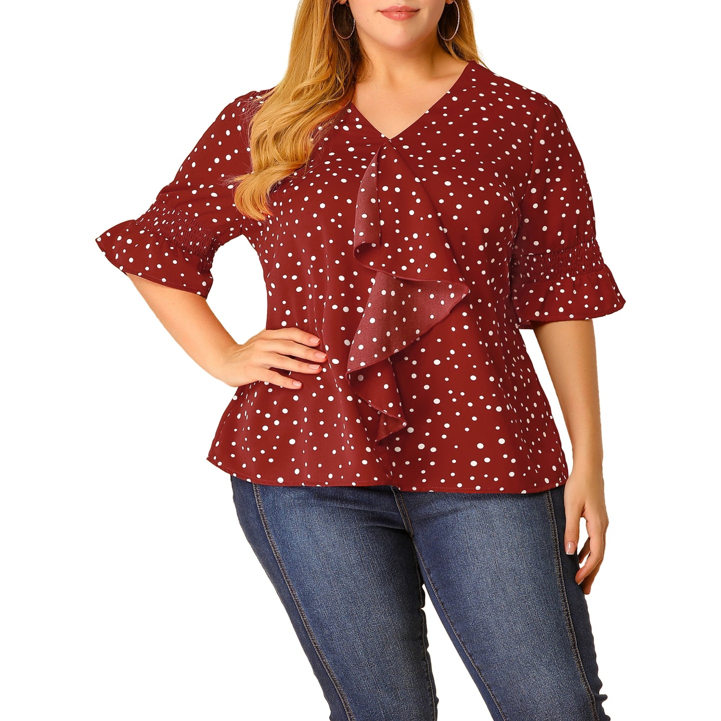 Agnes Orinda Women's Plus Size Ruffle Blouse V Neck Smocked Sleeves Tops
