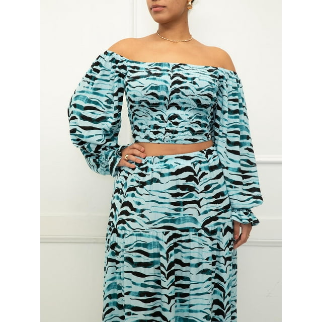 ELOQUII Elements Womens Plus Size Printed Smocked Off The Shoulder Top