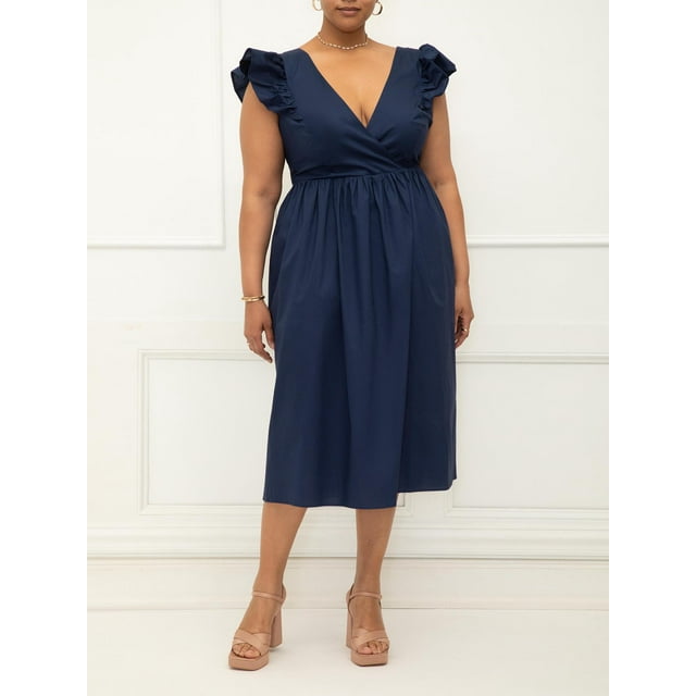 ELOQUII Elements Womens Plus Size Surplice Midi Dress with Ruffle Sleeves