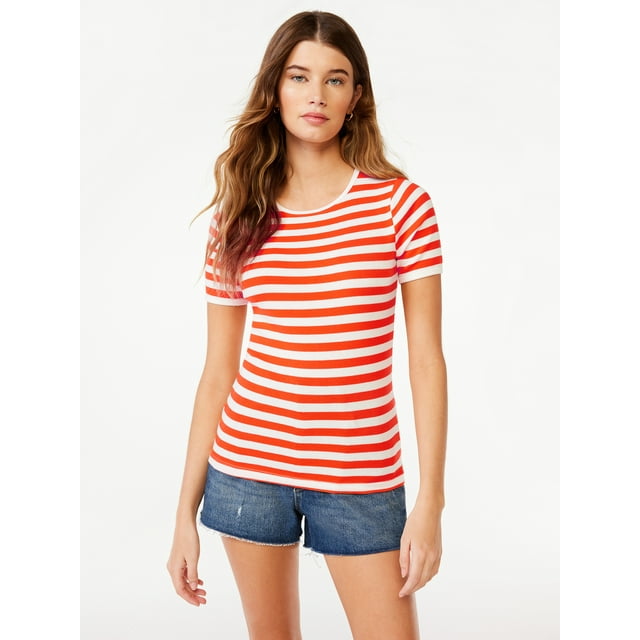 Free Assembly Women's Ribbed Crewneck Tee with Short Sleeves,