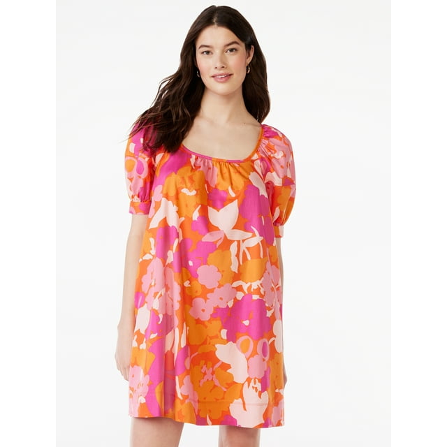 Free Assembly Womens Square Neck Mini Dress with Puff Sleev