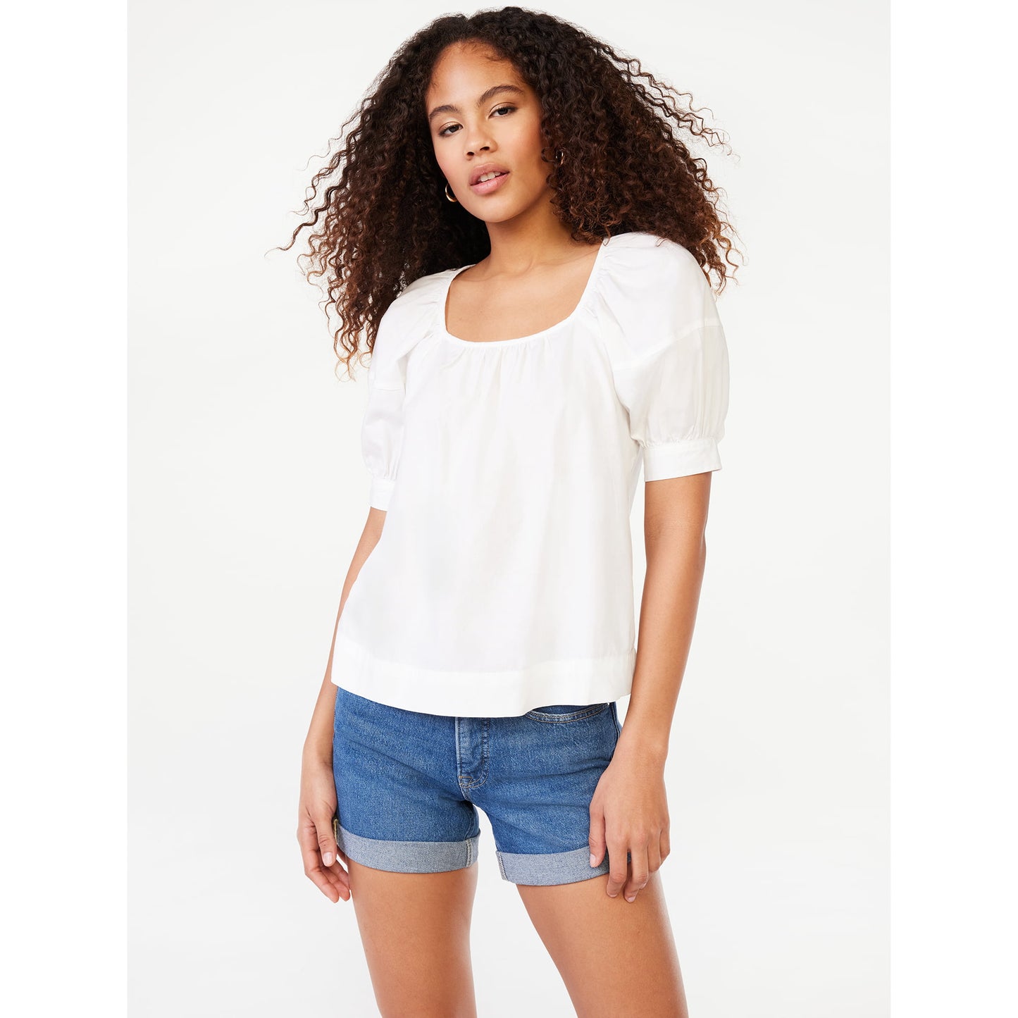 Free Assembly Womens Square Neck Top with Short Puff Sleeves,
