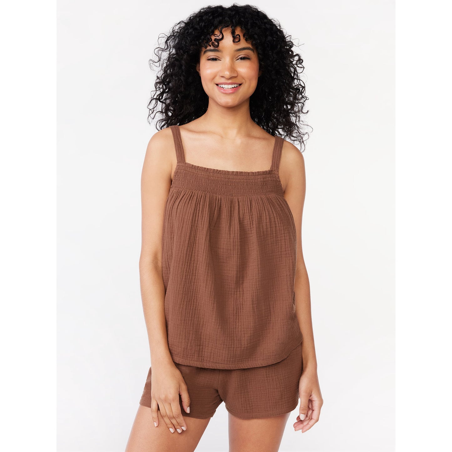 Joyspun Women's Gauze Smocked Cami Top and Shorts Sleep Set,