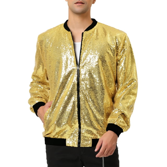 Lars Amadeus Men's Long Sleeve Zipper Glitter Bomber Jacket Coats