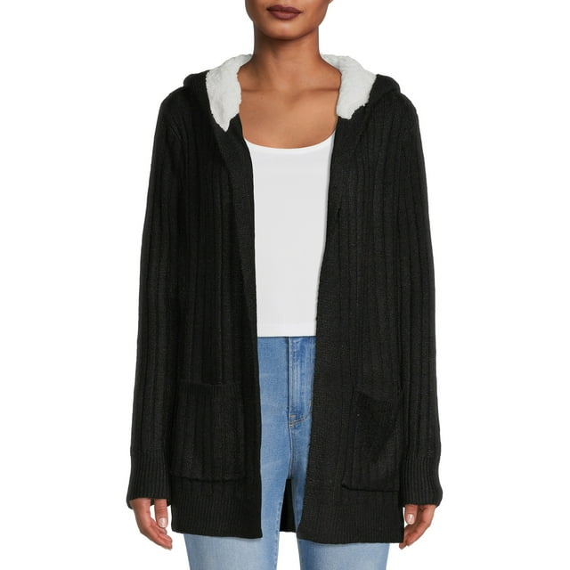 No Boundaries Juniors Cardigan Sweater with Faux Sherpa Hood
