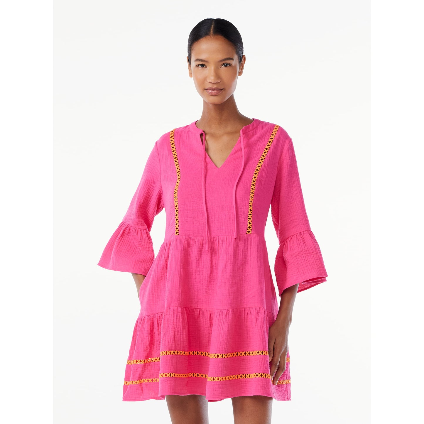 Scoop Womens Lace Trimmed Mini Dress with 3/4 Length Sleeves