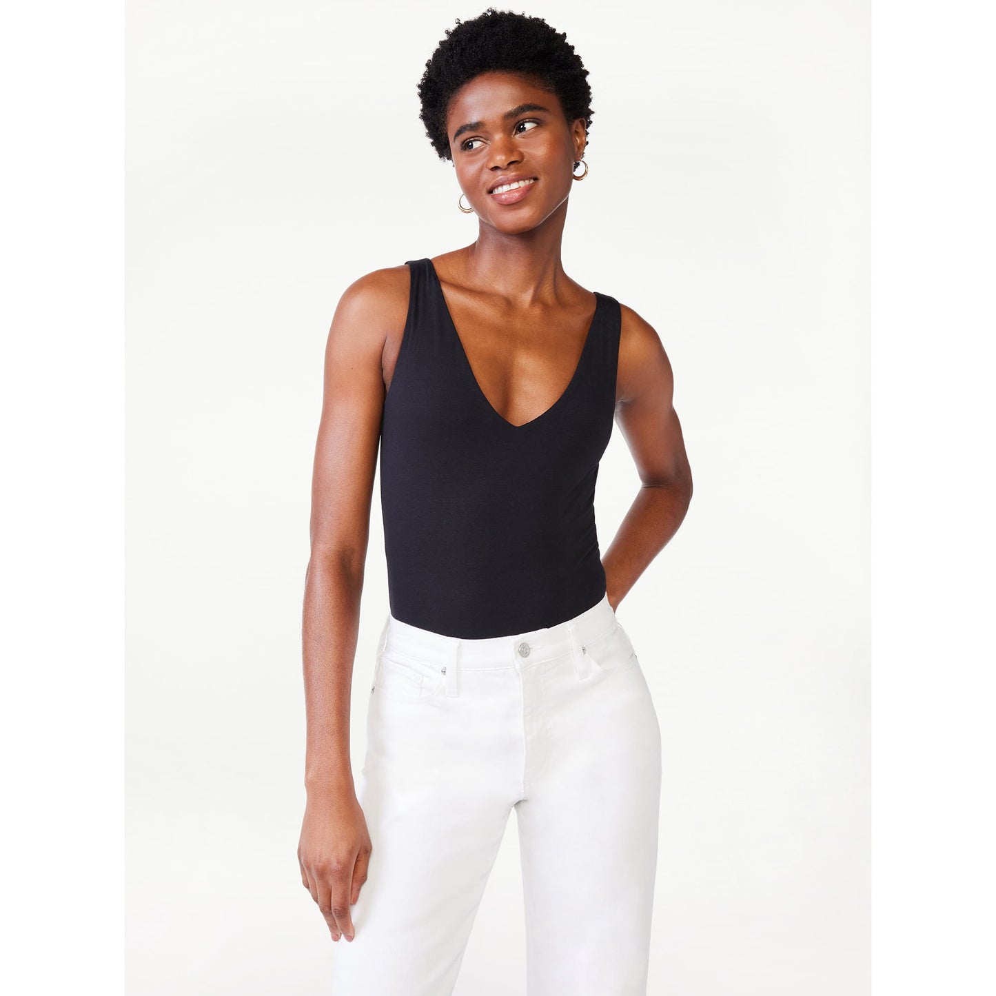 Scoop Womens Sleeveless Double V Neck Fitted Bodysuit