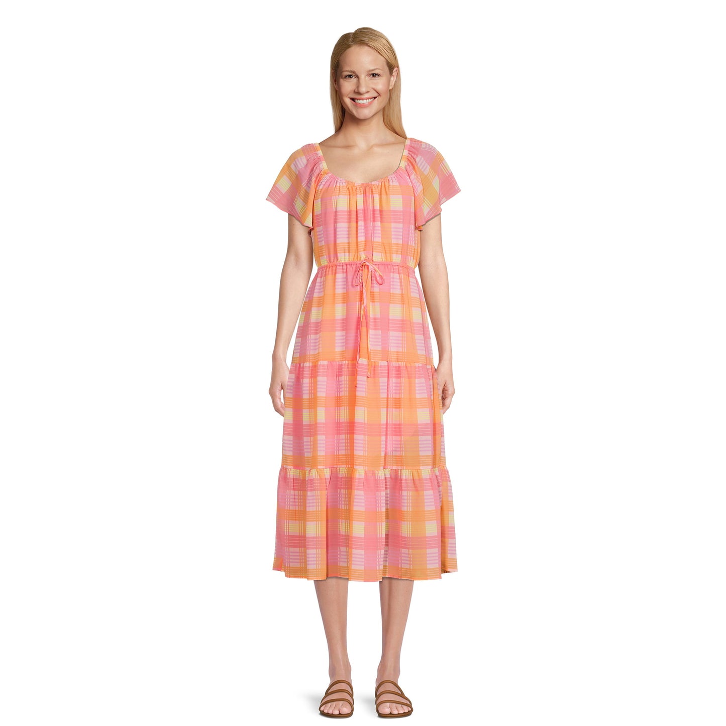 Time and Tru Women's Printed Flutter Tiered Dress