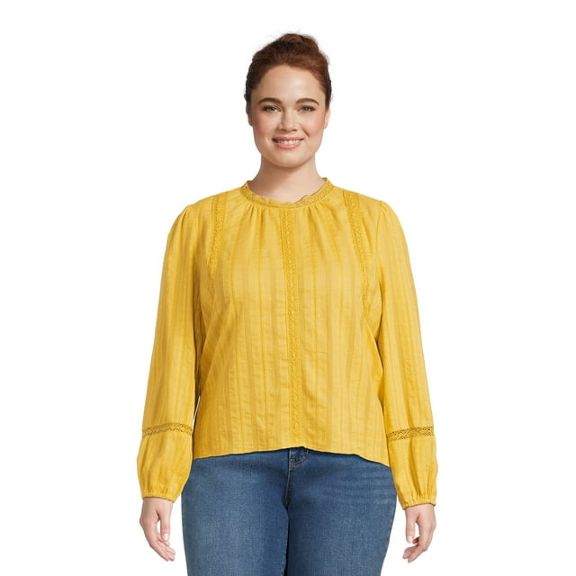 Time and Tru Womens Lace Inset Top with Long Sleeves,