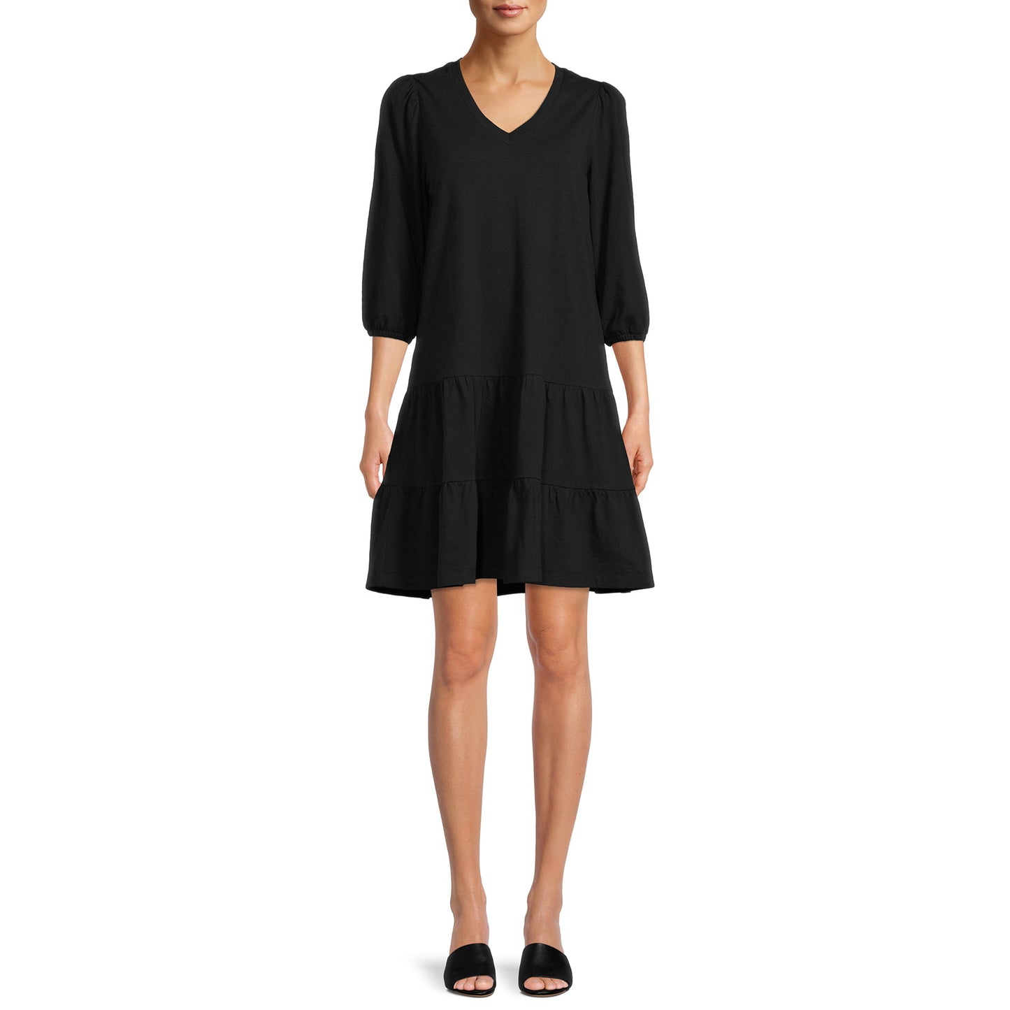 Time and Tru Womens Long Sleeve Slub V Neck Tiered Knit Dress