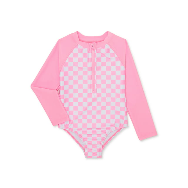 Wonder Nation Baby and Toddler Girl Zip Rashguard Swimsuit, 1-Piece,