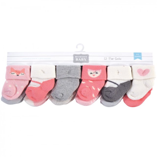 Hudson Baby Infant Girl Cotton Rich Newborn and Terry Socks, Girl Woodland, 0-3 Months