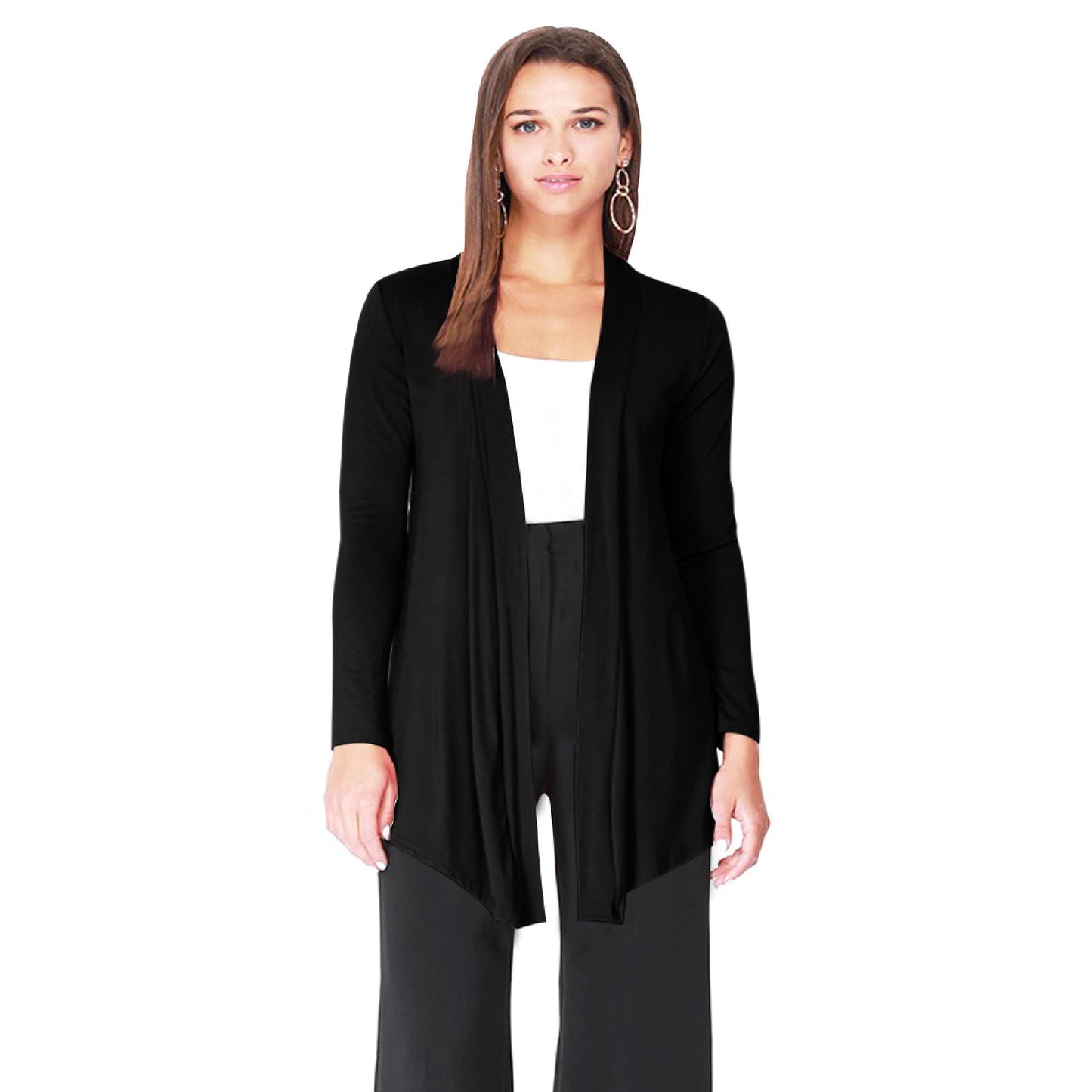 MOA COLLECTION Women's Solid Basic Open Draped Front Long Sleeve Relaxed Cardigan Sweater
