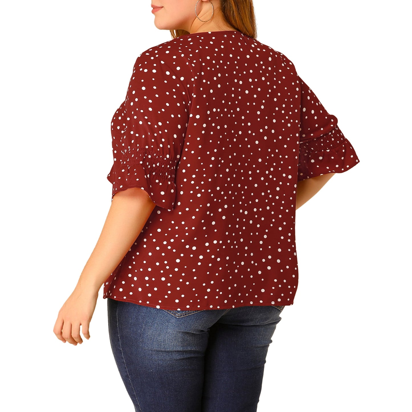 Agnes Orinda Women's Plus Size Ruffle Blouse V Neck Smocked Sleeves Tops