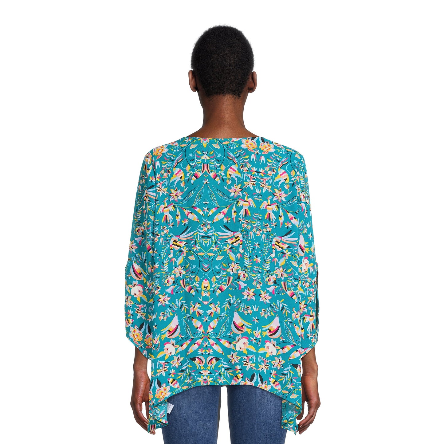 The Pioneer Woman Sharkbite Hem Embroidered Blouse with 3/4-Length Sleeves, Womens