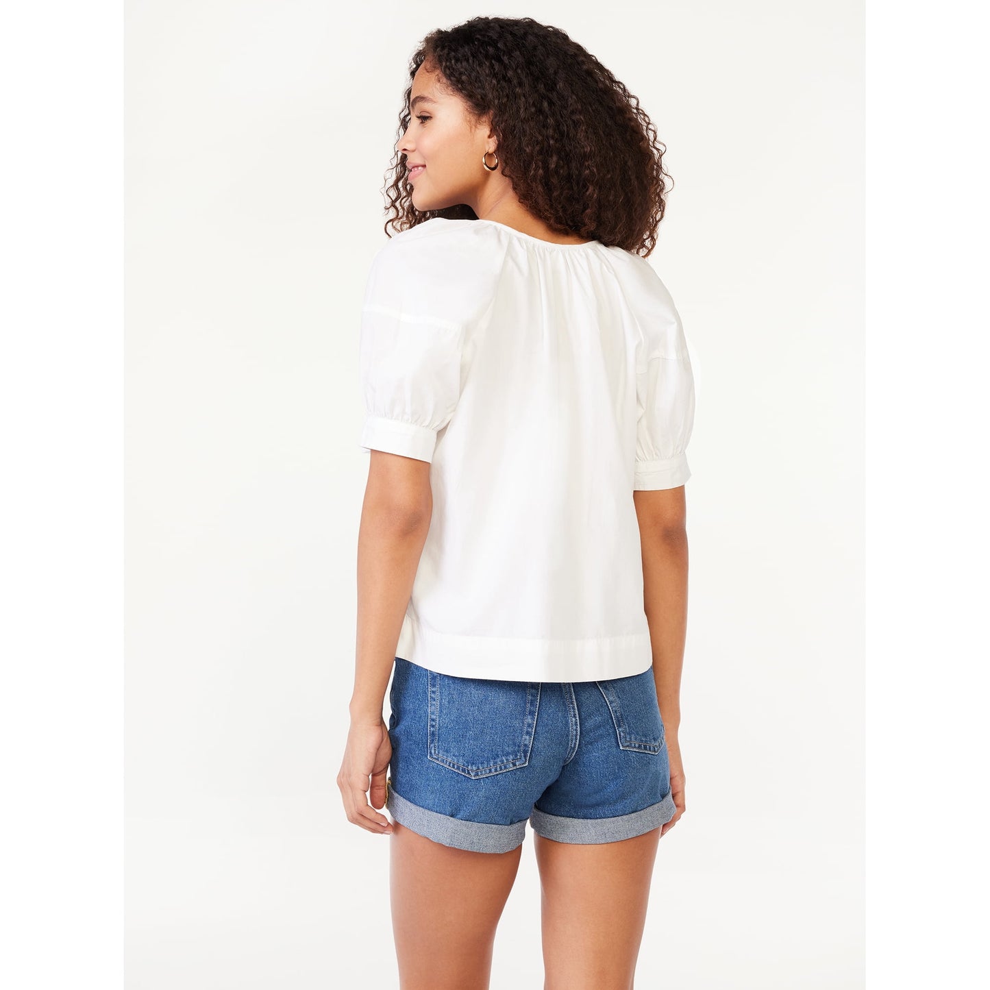 Free Assembly Womens Square Neck Top with Short Puff Sleeves,