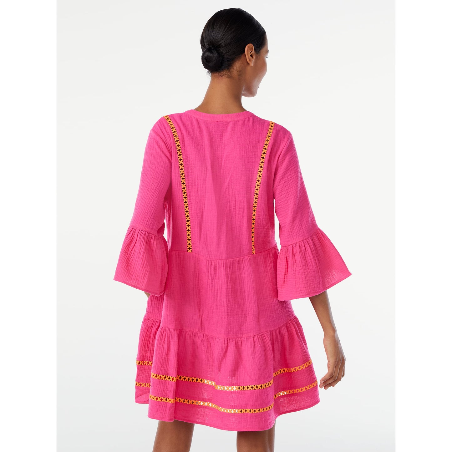 Scoop Womens Lace Trimmed Mini Dress with 3/4 Length Sleeves