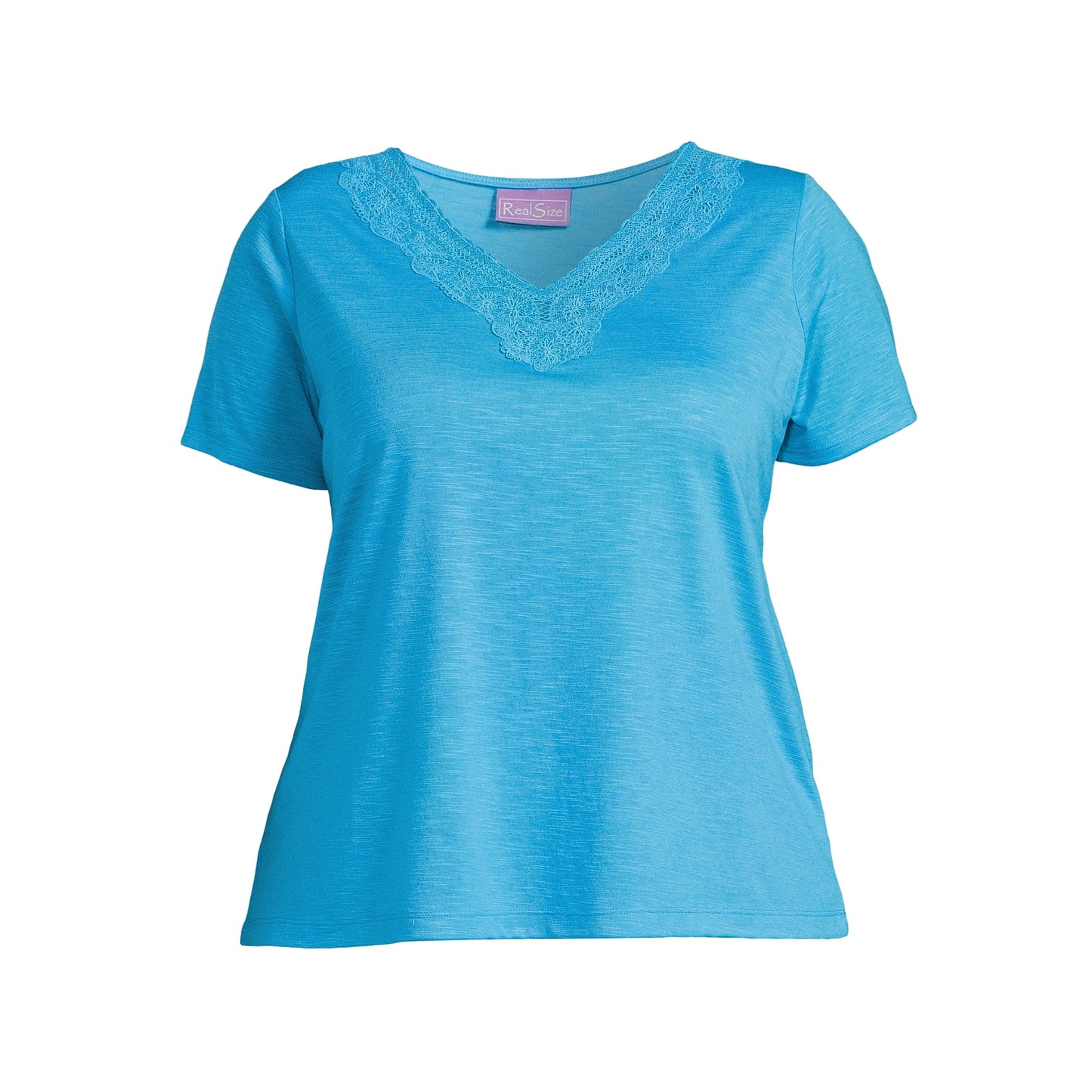 RealSize Women's Plus Lace V-Neck Tee with Short Sleeves