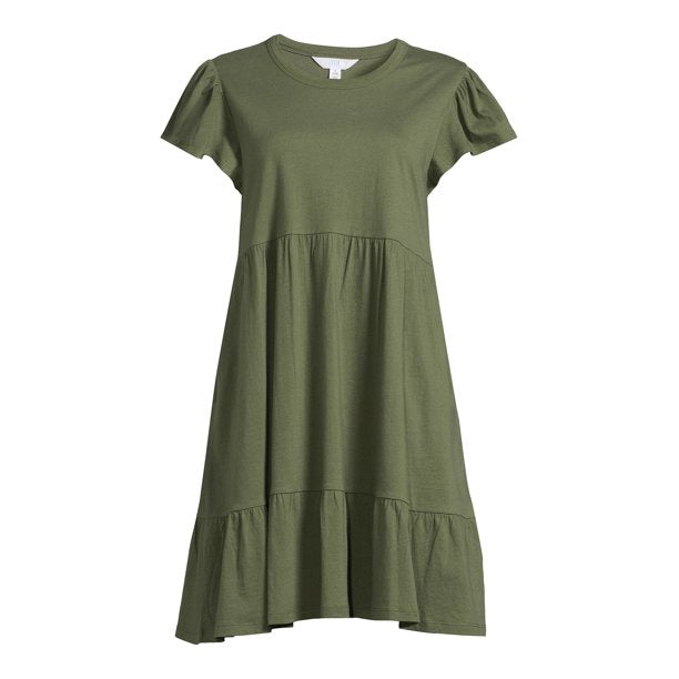 Time and Tru Womens Short Sleeve Tiered Knit Dress( with Pockets)