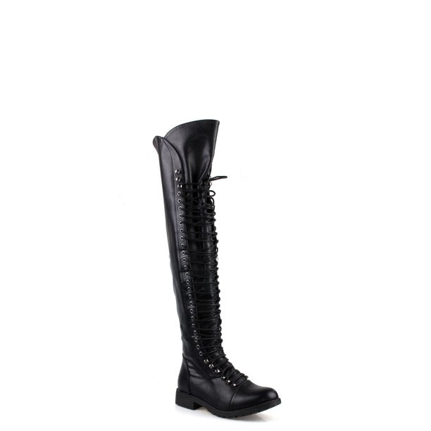 Laced Up Over the Knee Womens Riding Combat Boot in Black