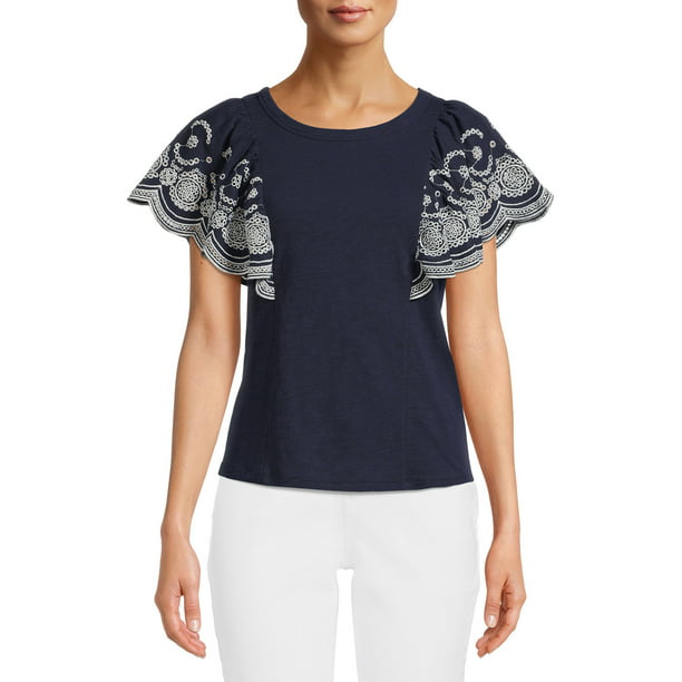 Time and Tru Womens Eyelet Flutter Sleeve Top
