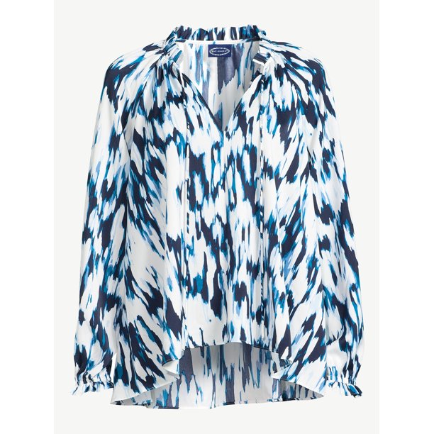 Scoop Womens Woven Split Neck Top with Tie Neck