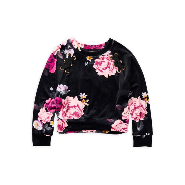 Justice Girl Sport Velour Lace-Up Crewneck Pullover Sweatshirt