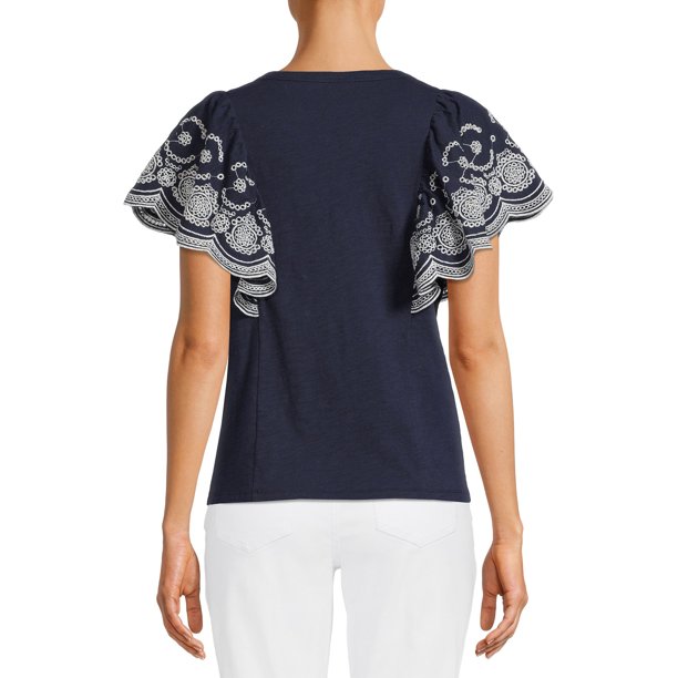 Time and Tru Womens Eyelet Flutter Sleeve Top
