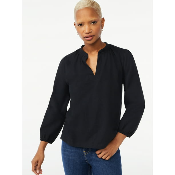 Free Assembly Womens Split Neck Top with Blouson Sleeves