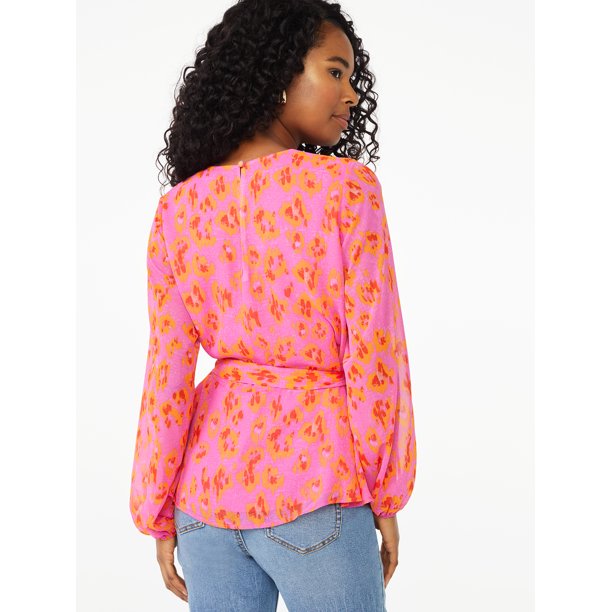 Scoop Womens Long Sleeve Crew Neck Blouse with Tie at Waist