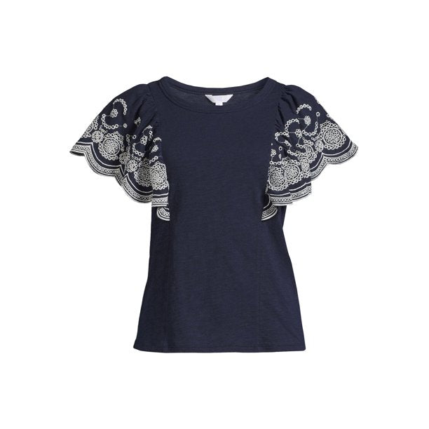 Time and Tru Womens Eyelet Flutter Sleeve Top