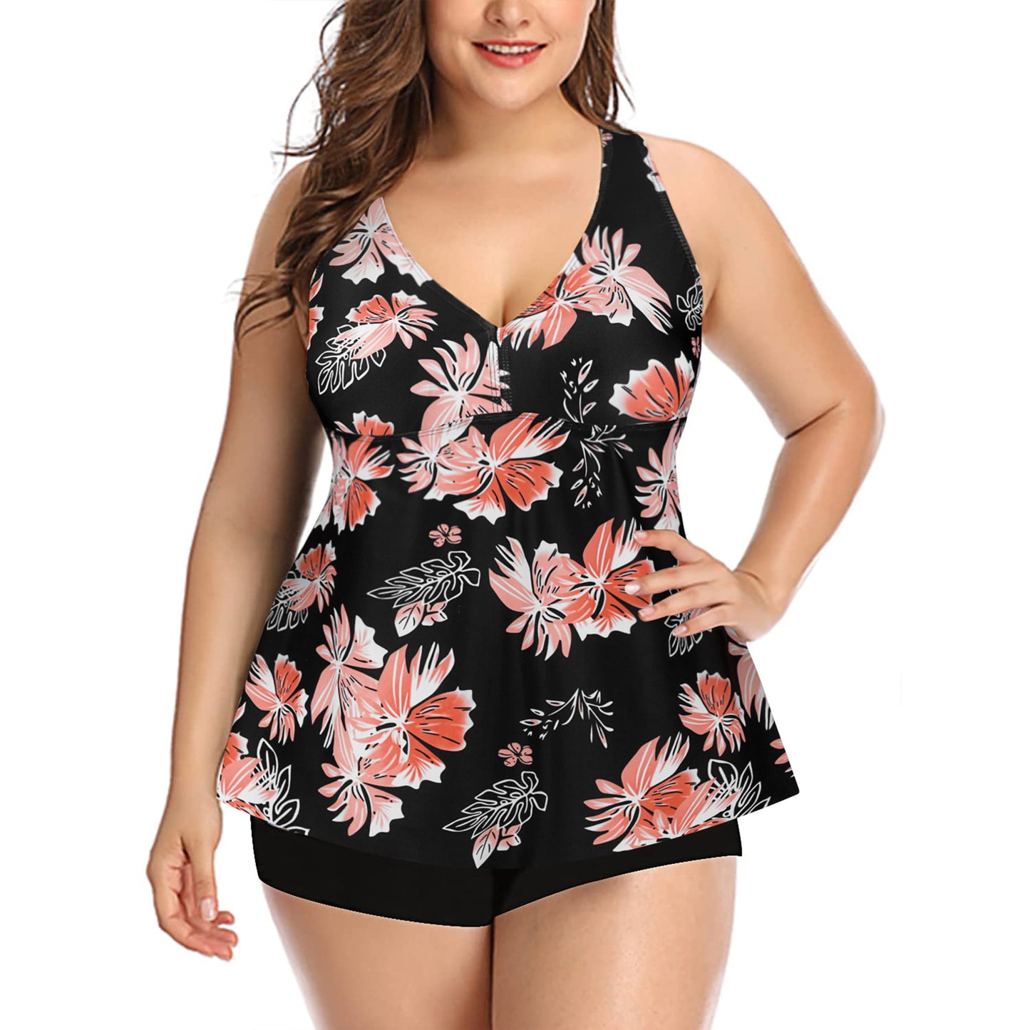 Chama Womens Plus Size 2 Piece Swimsuits Tummy Control Tankini Top with Boyshorts Floral Bathing Suits for Women