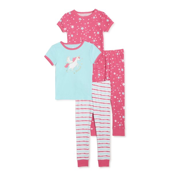 Wonder Nation Baby and Toddler Girl's Short Sleeve Snug-Fit Pajamas 4 Peice