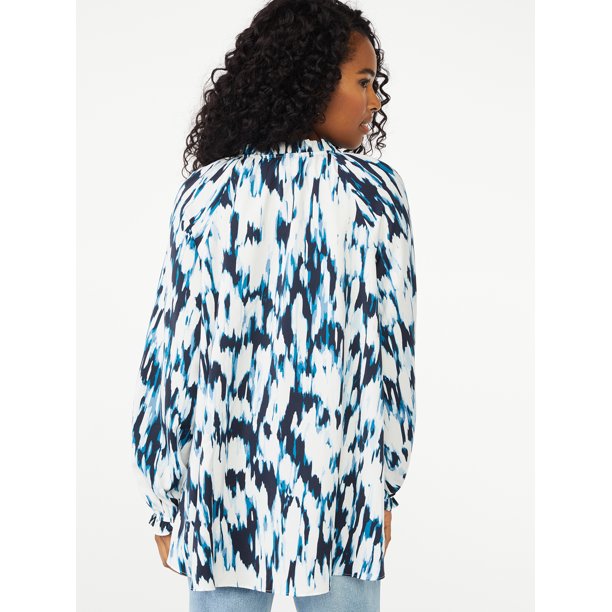 Scoop Womens Woven Split Neck Top with Tie Neck