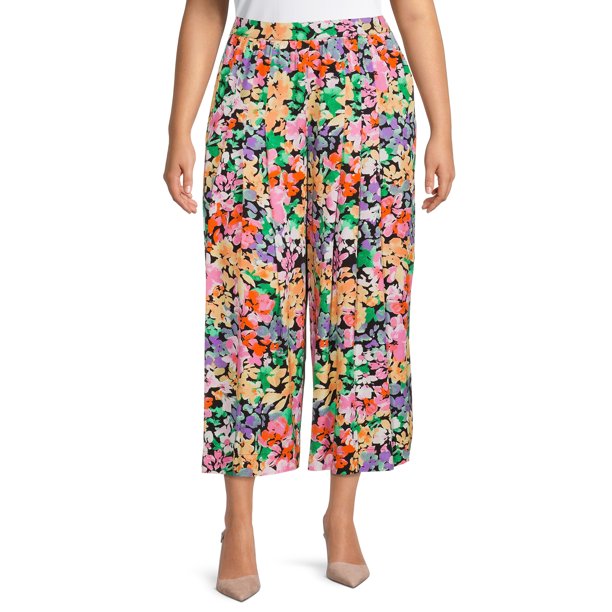 Terra & Sky Women's Plus Size Wide Leg Printed Pants