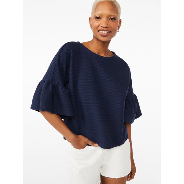 Free Assembly Womens Ruffle Ottoman Top with Dolman Sleeves