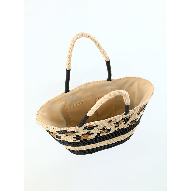 Time and Tru Women Leopard Straw Beach Tote Bag