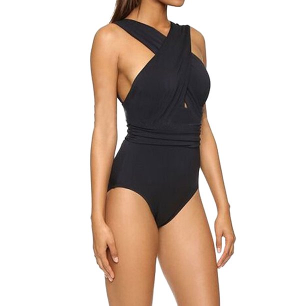 Starvnc Women Summer One Piece Chest Cross Solid Color Bodysuit Bathing Swimsuit