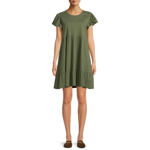 Time and Tru Womens Short Sleeve Tiered Knit Dress( with Pockets)