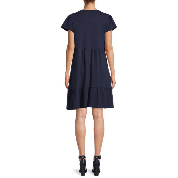 Time and Tru Womens Short Sleeve Tiered Knit Dress( with Pockets)