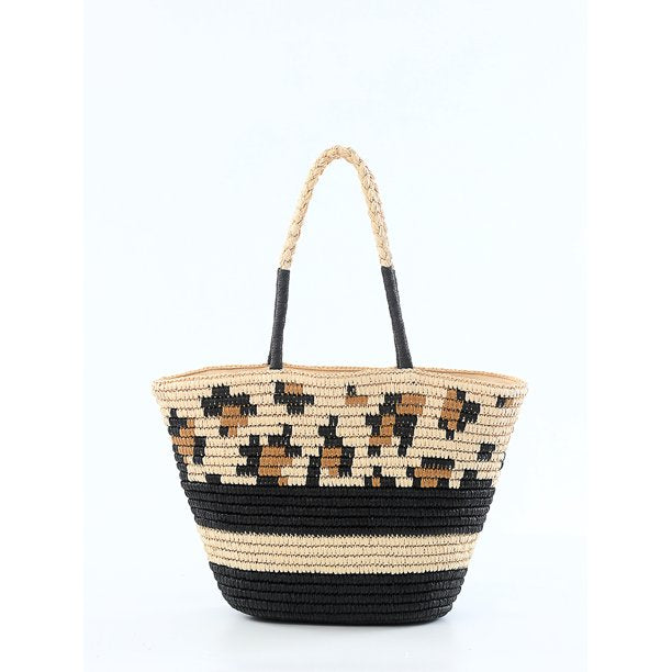 Time and Tru Women Leopard Straw Beach Tote Bag