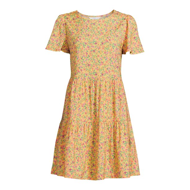 Time and Tru Womens Short Sleeve Printed Woven Mini Dress